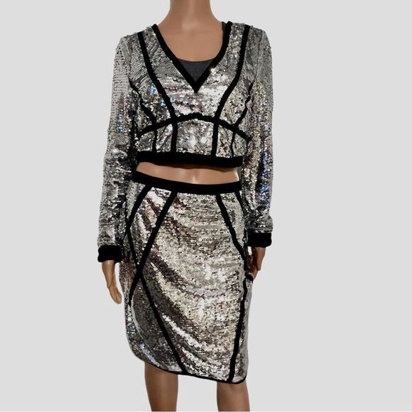 WOW couture Pants - Silver Sequined 2 Piece Skirt Cropped Jacket